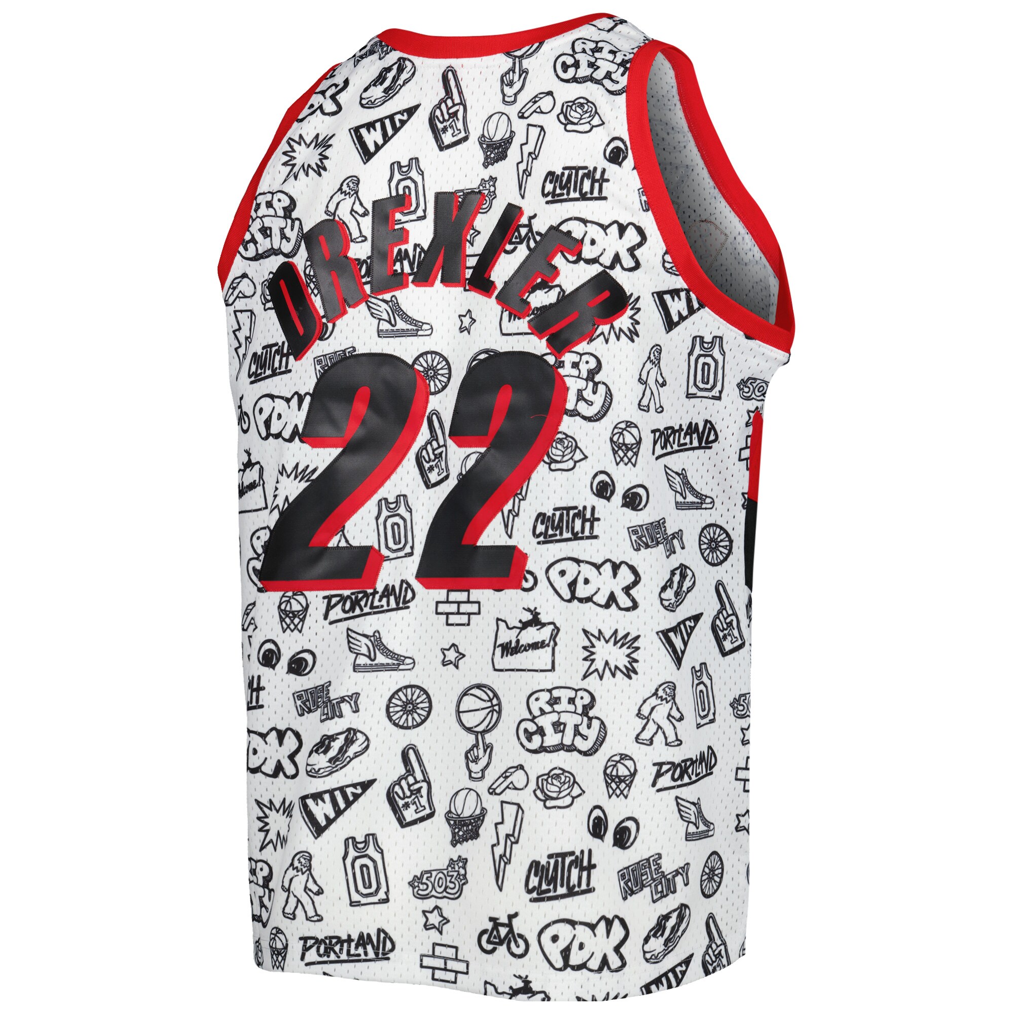 Clyde Drexler Portland Trail Blazers Mitchell & Ness 1991/92 Hardwood Classics Doodle Swingman Player Jersey – White Clowdercats