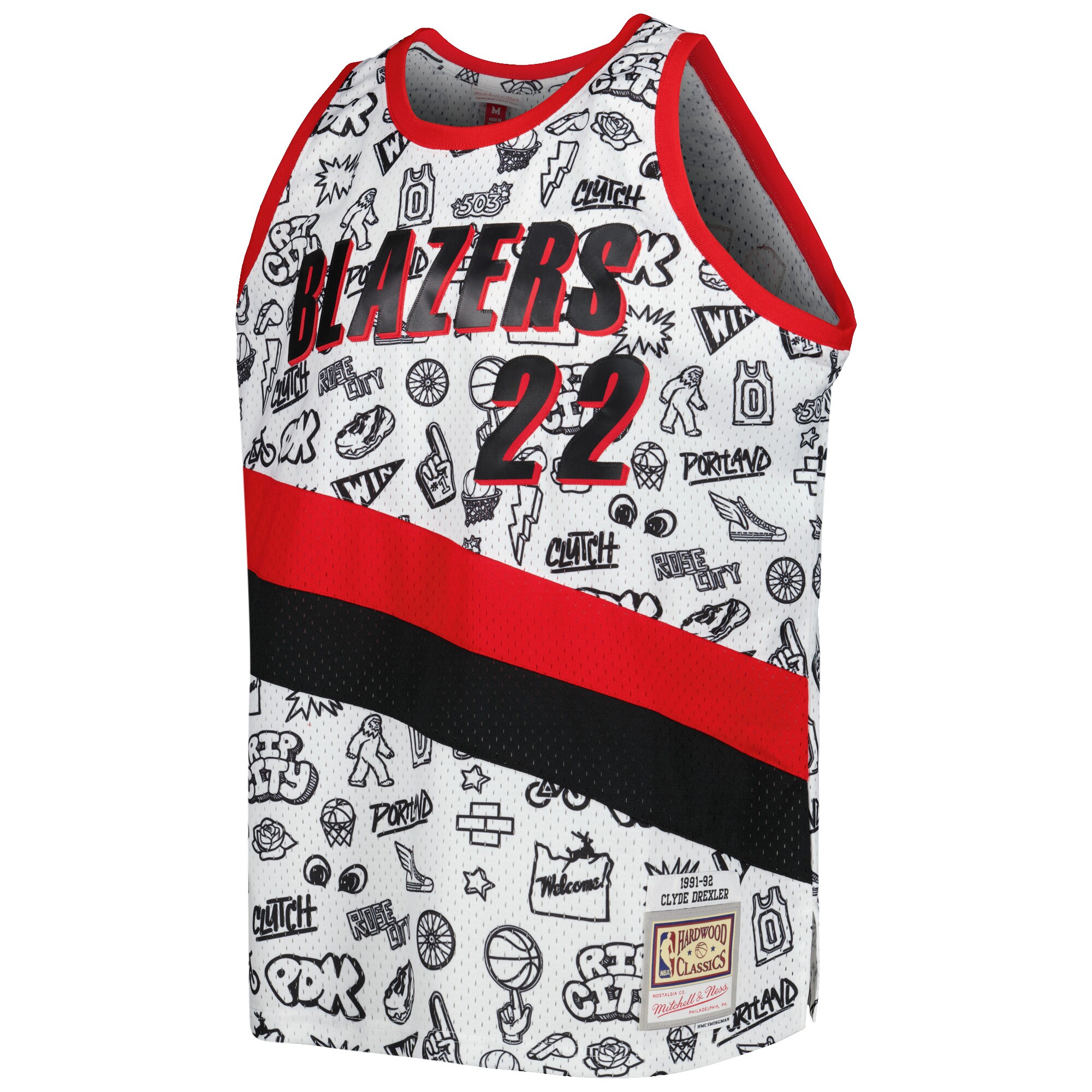 Clyde Drexler Portland Trail Blazers Mitchell & Ness 1991/92 Hardwood Classics Doodle Swingman Player Jersey – White Clowdercats