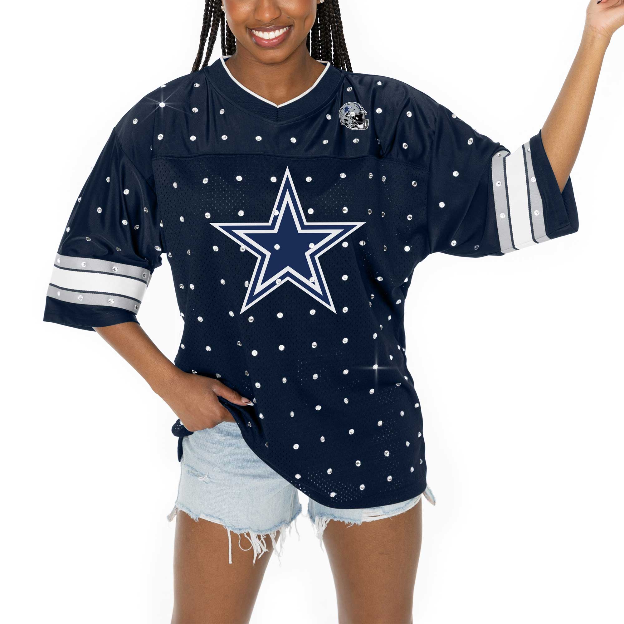Dallas Cowboys Gameday Couture Women’s Kickoff Time Allover Rhinestone Sports Stripe Jersey V-Neck T-Shirt – Navy Clowdercats