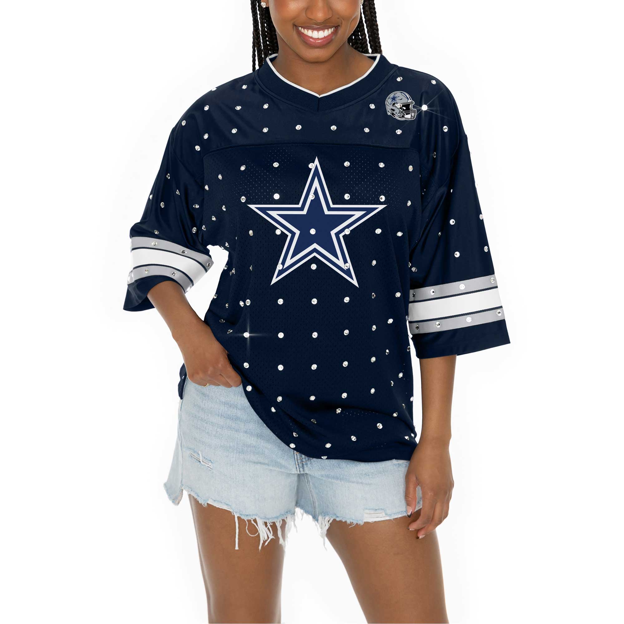 Dallas Cowboys Gameday Couture Women’s Kickoff Time Allover Rhinestone Sports Stripe Jersey V-Neck T-Shirt – Navy Clowdercats