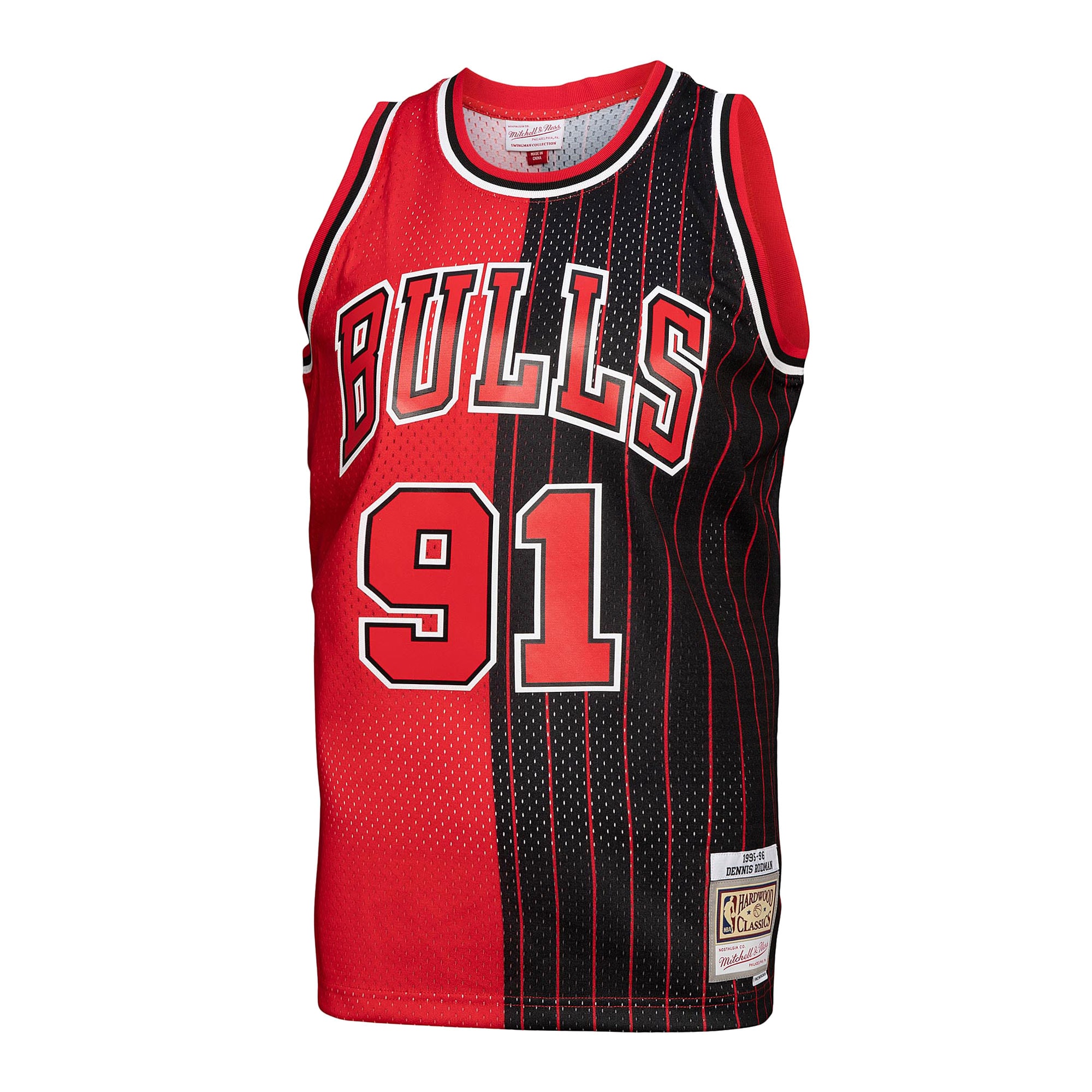 Dennis Rodman Chicago Bulls Mitchell & Ness Hardwood Classics 1995/96 Split Swingman Jersey – Red/Black Clowdercats