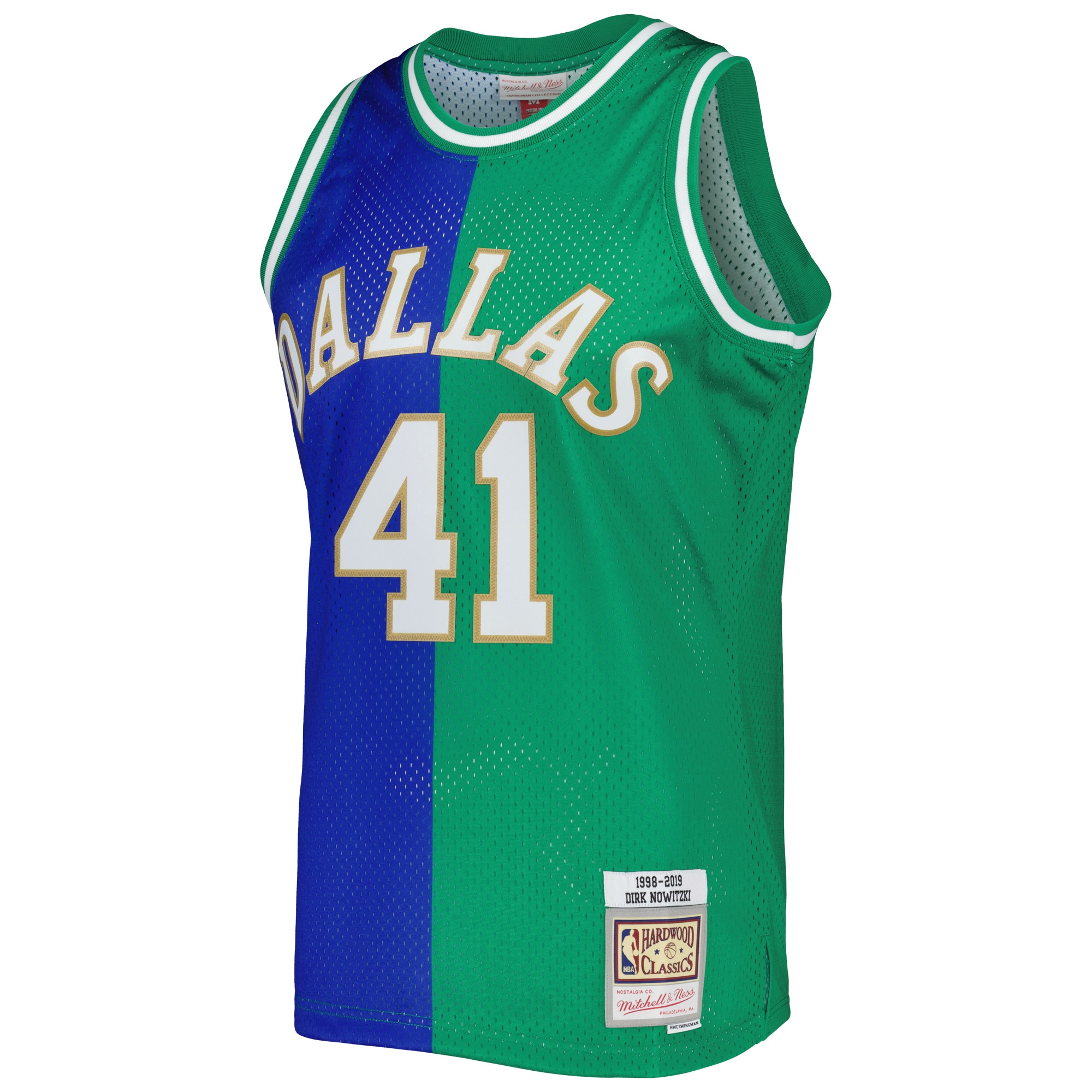 Dirk Nowitzki Dirk Nowitzki Mitchell & Ness Hardwood Classics 1998/2019 Split Swingman Jersey – Blue/Green Clowdercats
