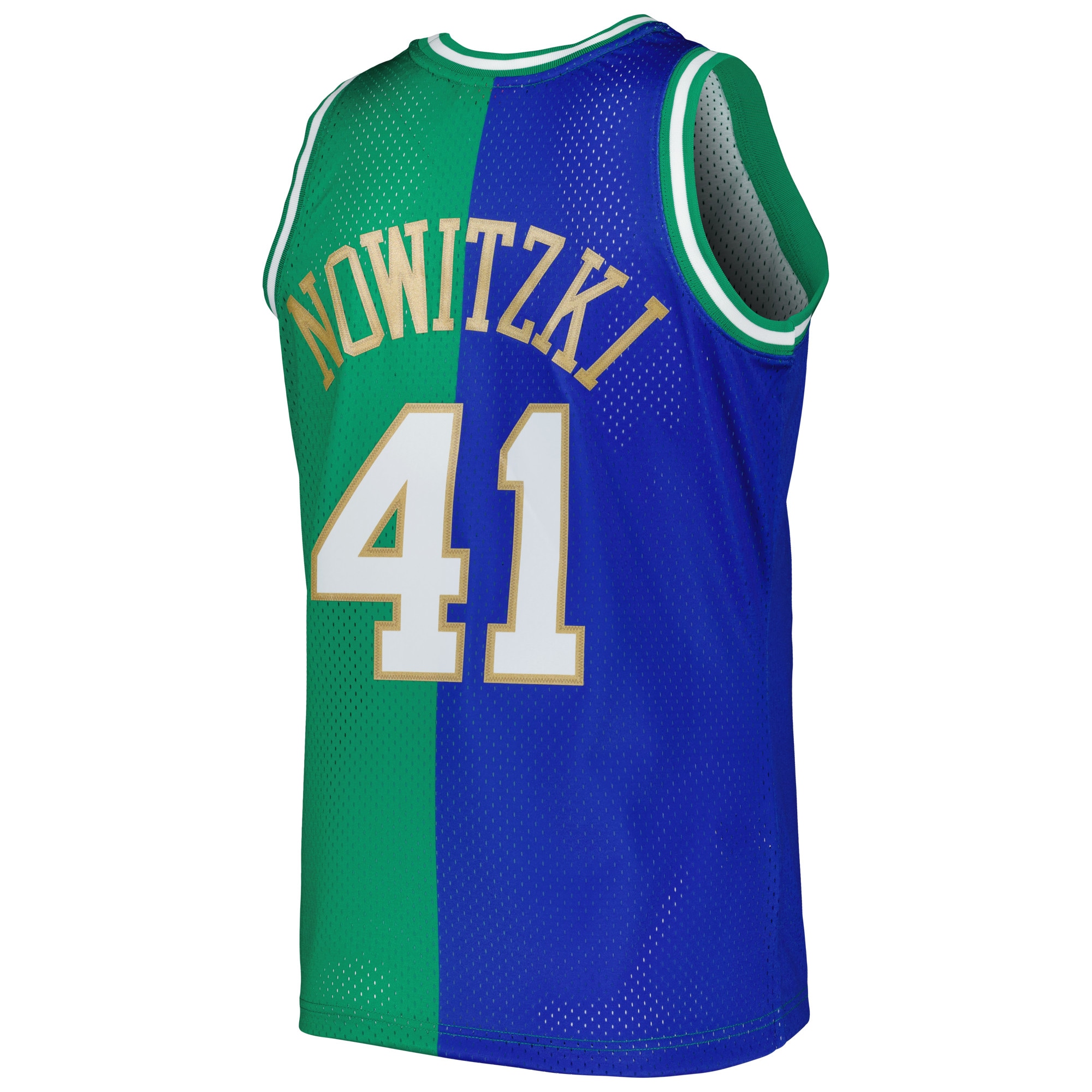 Dirk Nowitzki Dirk Nowitzki Mitchell & Ness Hardwood Classics 1998/2019 Split Swingman Jersey – Blue/Green Clowdercats