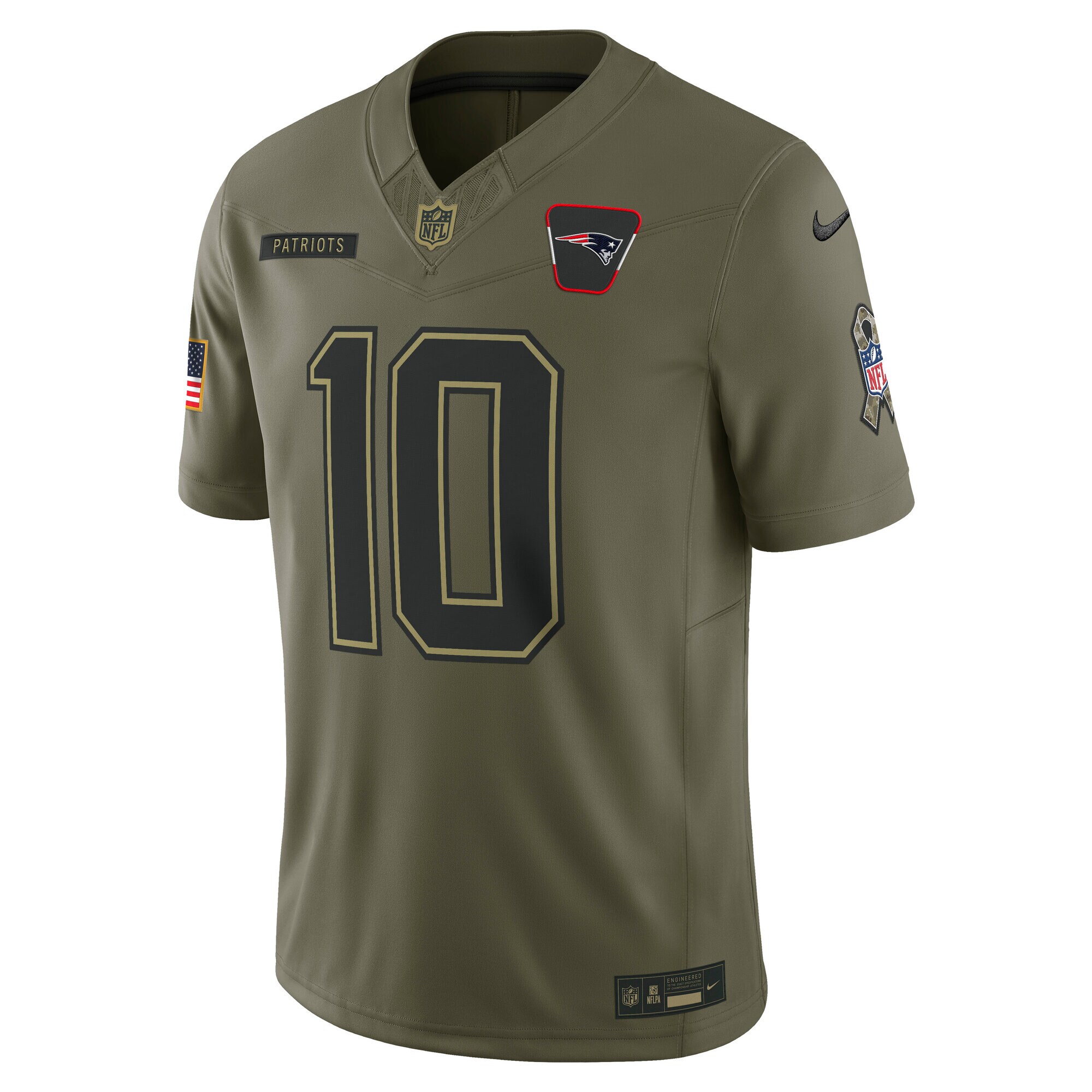 Drake Maye New England Patriots Nike 2025 Salute to Service Limited Jersey – Olive Clowdercats