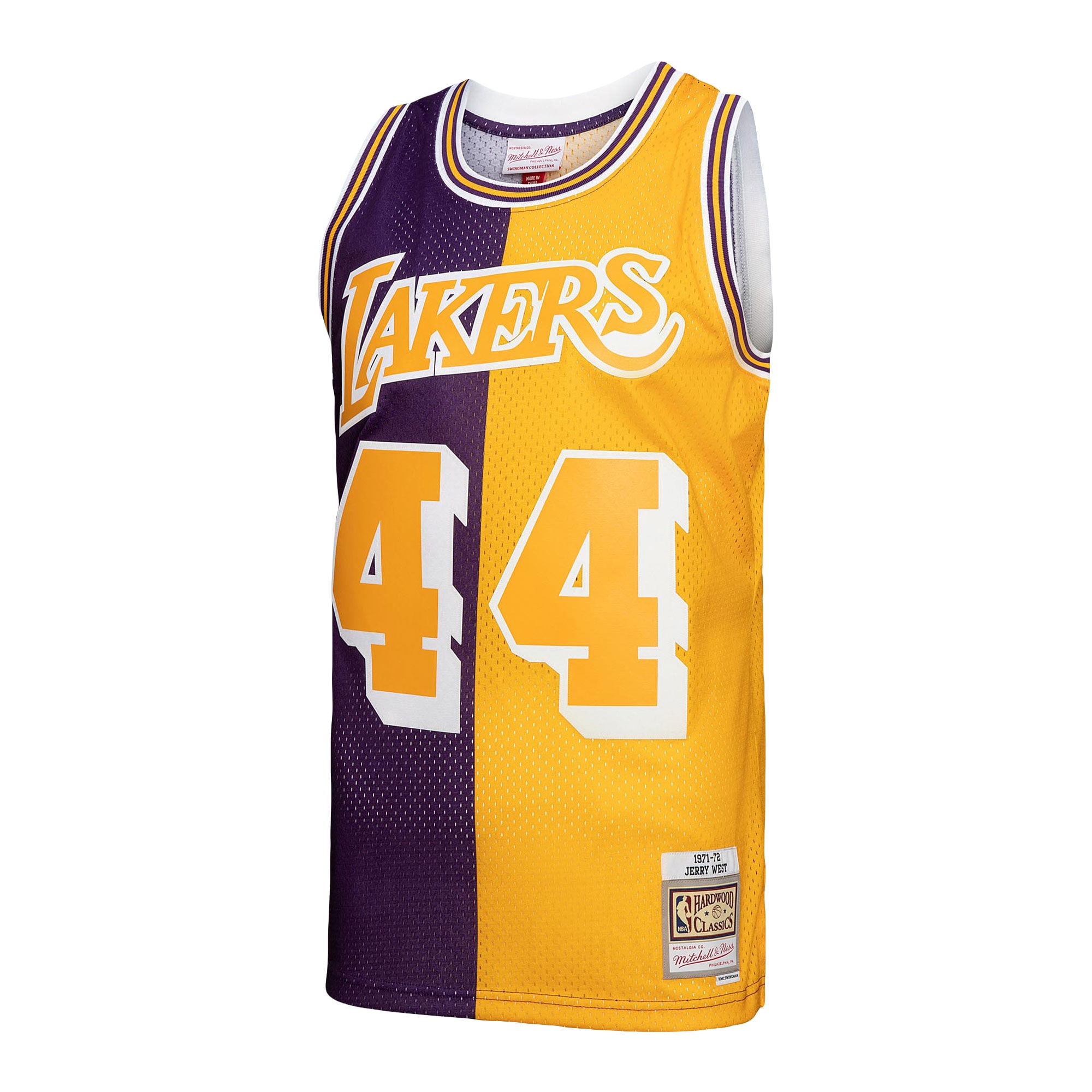 Jerry West Los Angeles Lakers Mitchell & Ness Hardwood Classics 1971/72 Split Swingman Jersey – Purple/Gold Clowdercats