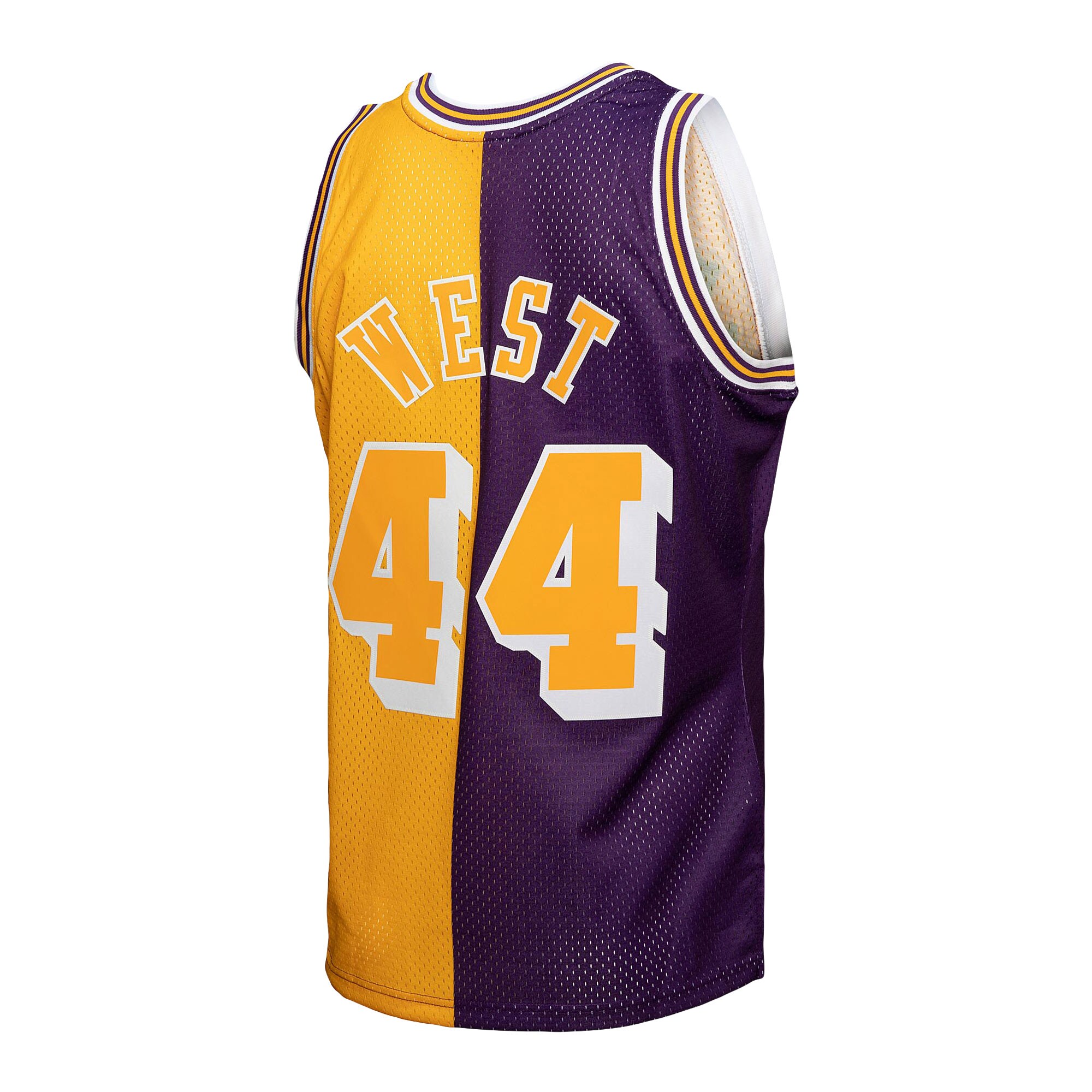 Jerry West Los Angeles Lakers Mitchell & Ness Hardwood Classics 1971/72 Split Swingman Jersey – Purple/Gold Clowdercats