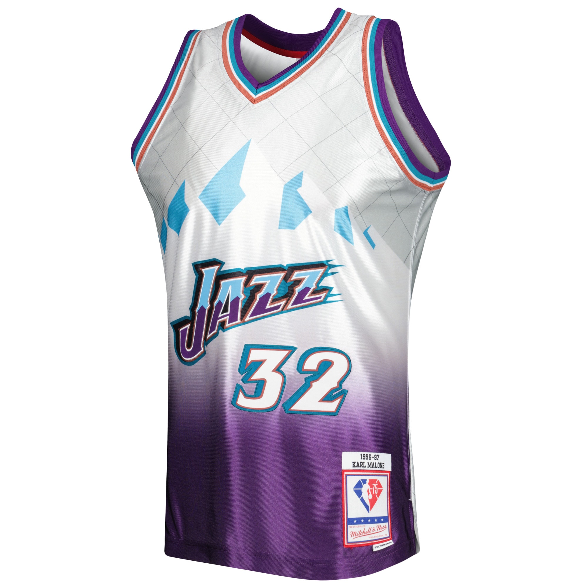 Karl Malone Utah Jazz Mitchell & Ness 1996/97 Hardwood Classics 75th Anniversary Swingman Jersey – Platinum Clowdercats
