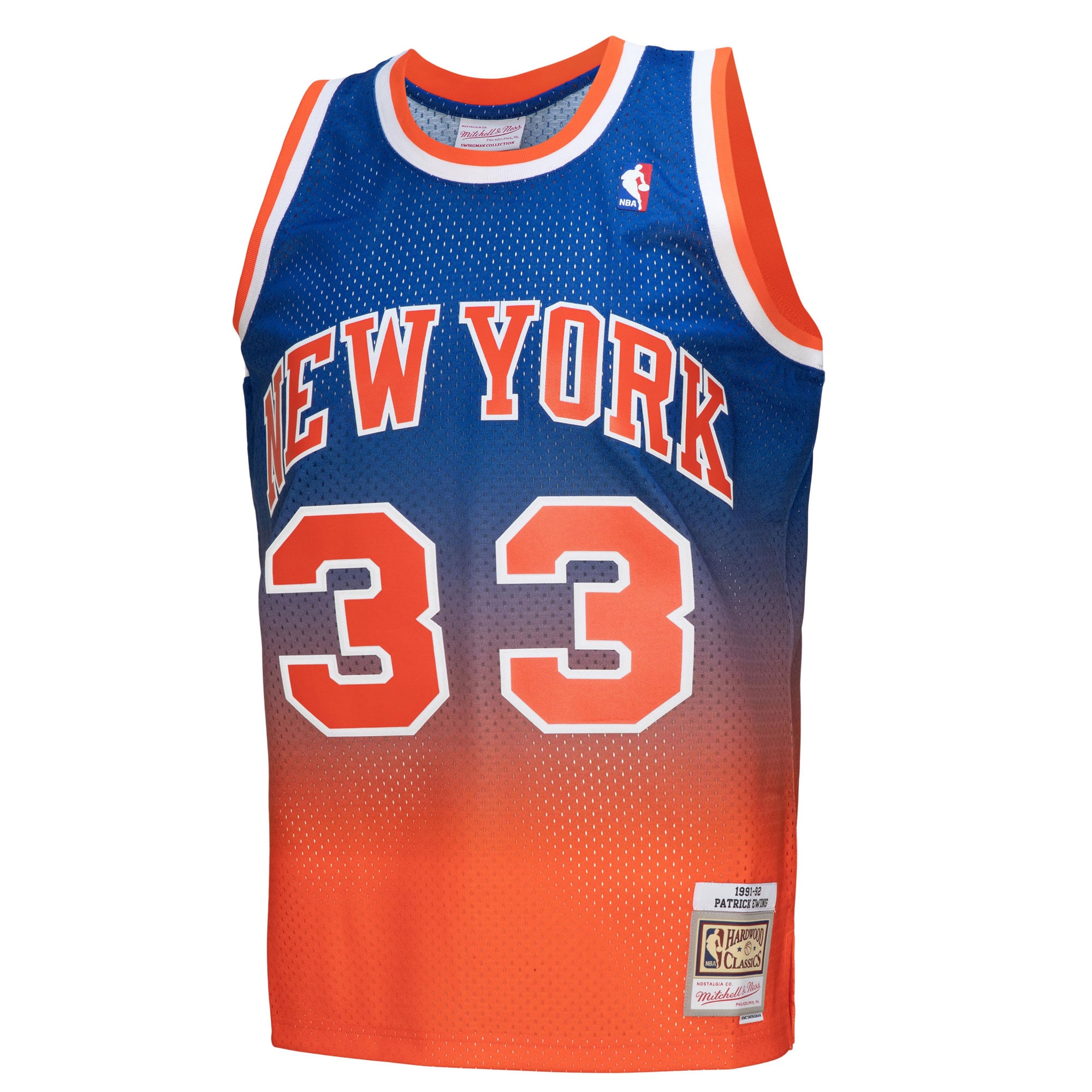 Patrick Ewing New York Knicks Mitchell & Ness 1991/92 Hardwood Classics Fadeaway Swingman Player Jersey – Orange/Royal Clowdercats