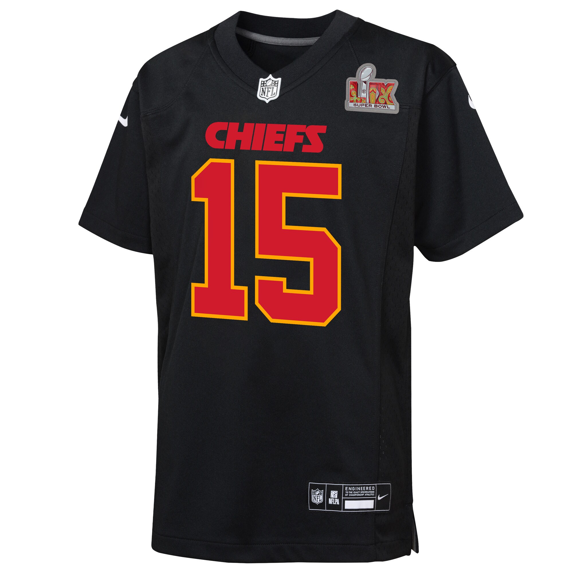 Patrick Mahomes Kansas City Chiefs Nike Youth Super Bowl LIX Patch Fashion Game Jersey – Carbon Black Clowdercats