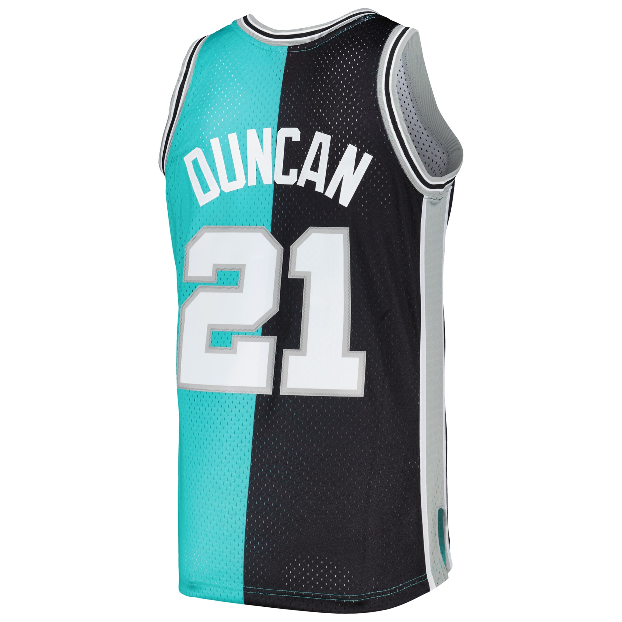 Tim Duncan San Antonio Spurs Mitchell & Ness Hardwood Classics 1998/99 Split Swingman Jersey – Black/Teal Clowdercats