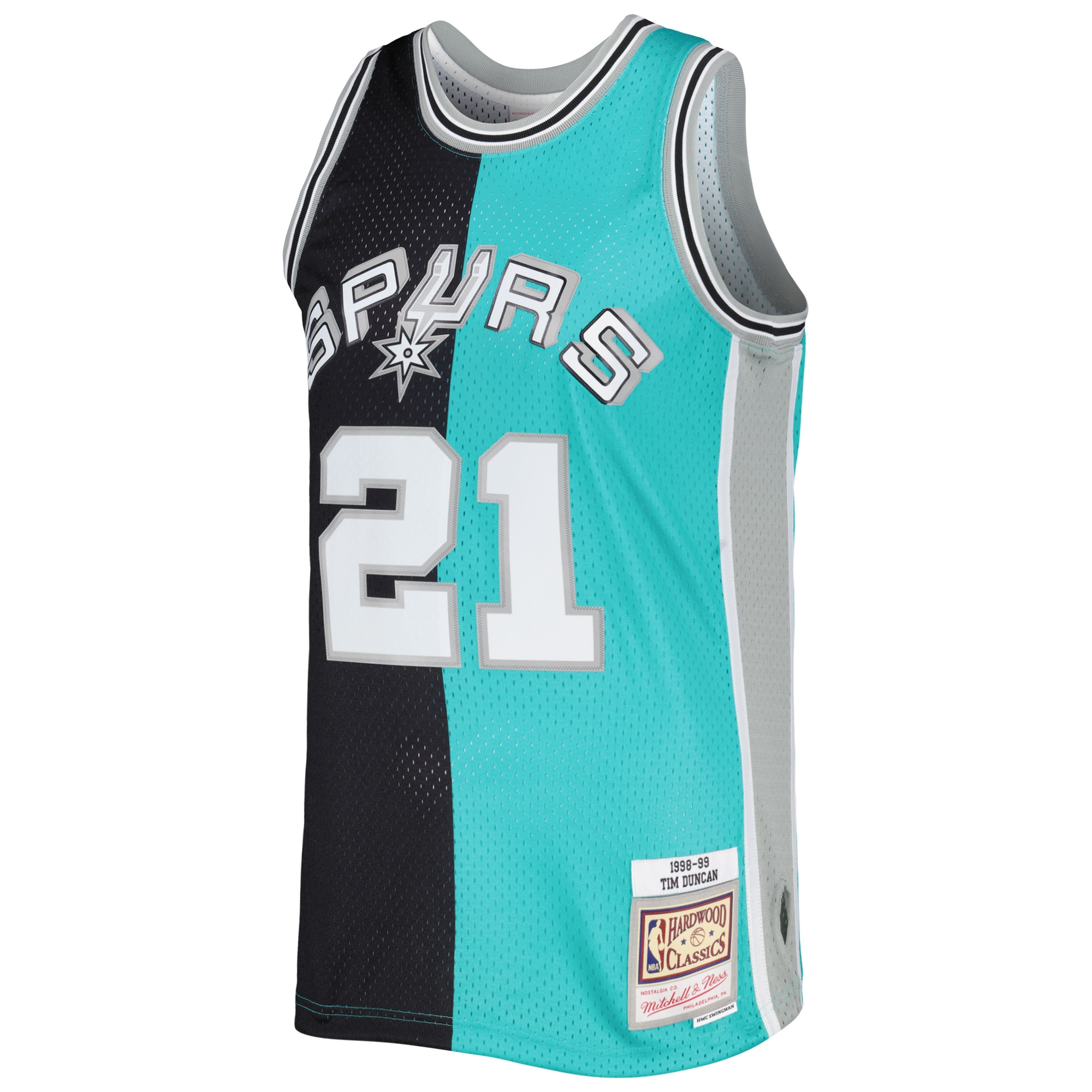 Tim Duncan San Antonio Spurs Mitchell & Ness Hardwood Classics 1998/99 Split Swingman Jersey – Black/Teal Clowdercats