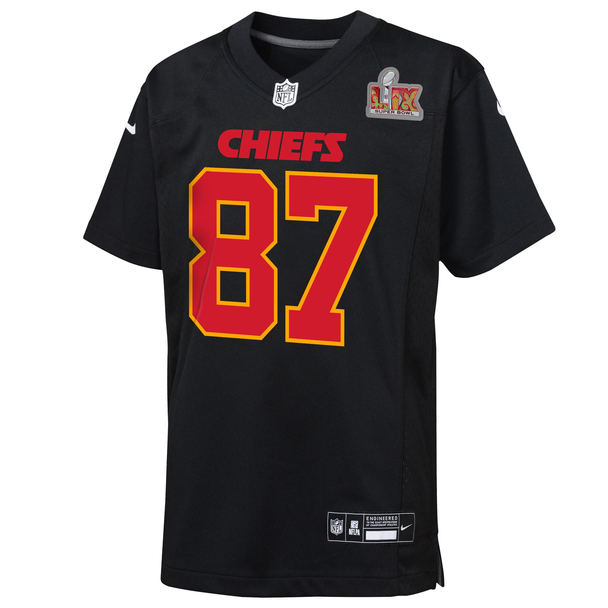 Travis Kelce Kansas City Chiefs Nike Youth Super Bowl LIX Patch Fashion Game Jersey – Carbon Black Clowdercats
