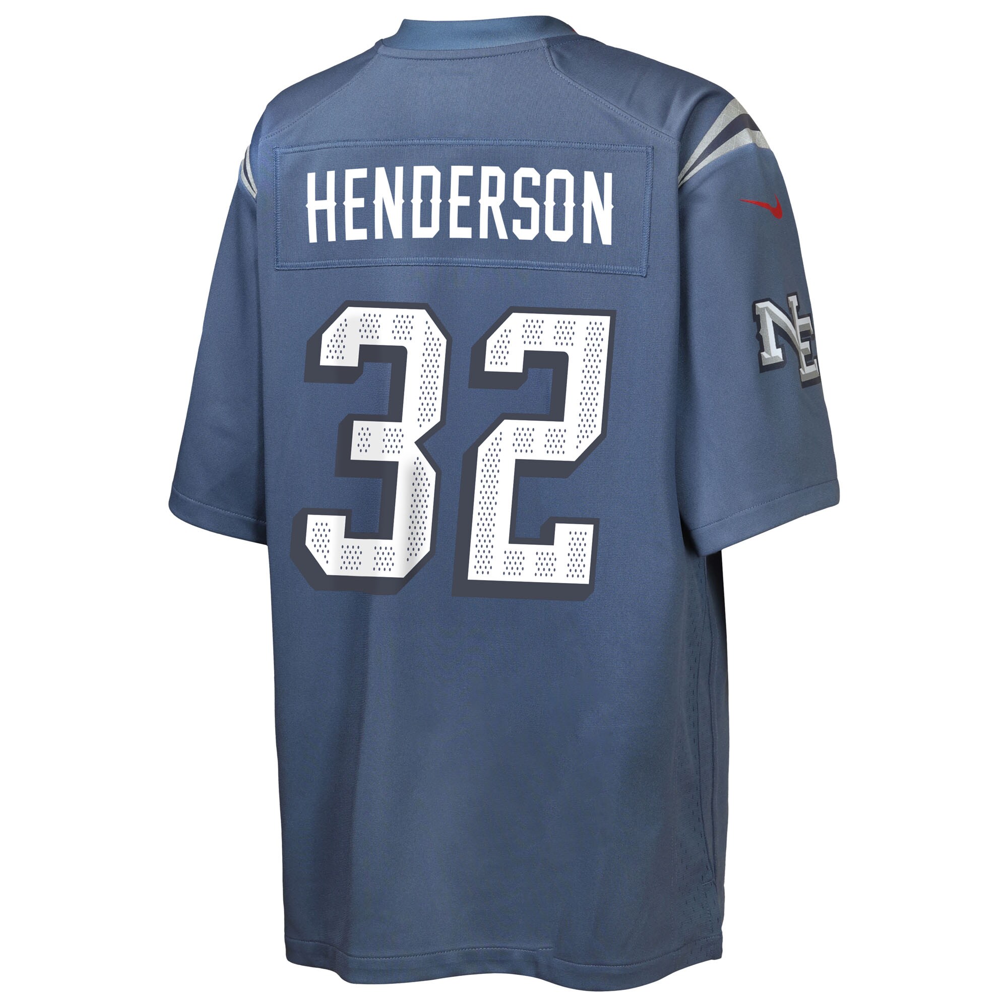 TreVeyon Henderson New England Patriots Nike Youth 2025 Rivalries Collection Game Jersey – Storm Blue Clowdercats